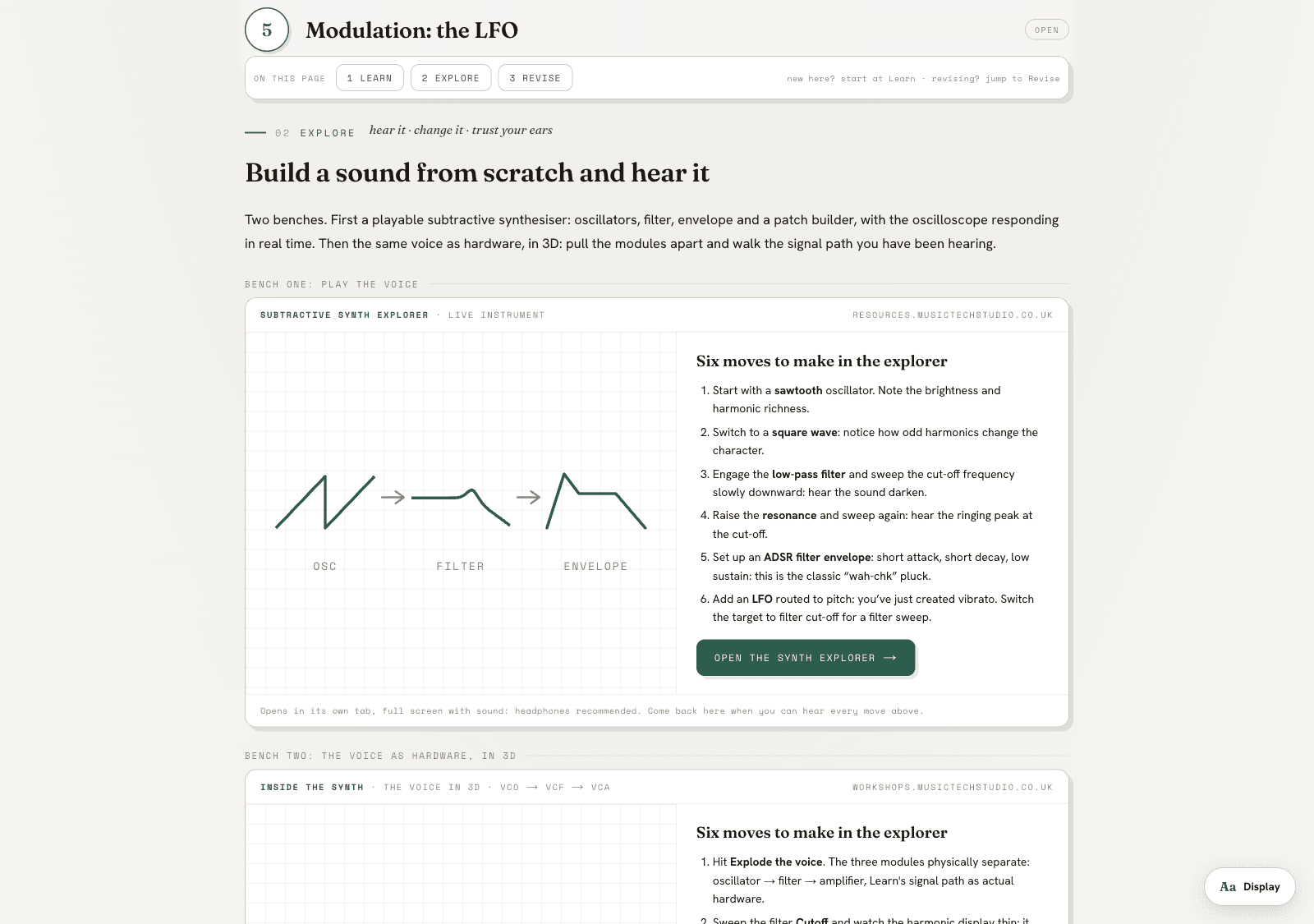 The Synthesis topic page's Explore band: the Subtractive Synth Explorer's bench card with a six-move list, from a sawtooth oscillator through the low-pass filter to an LFO routed to pitch, with the 3D 'Inside the Synth' bench beneath