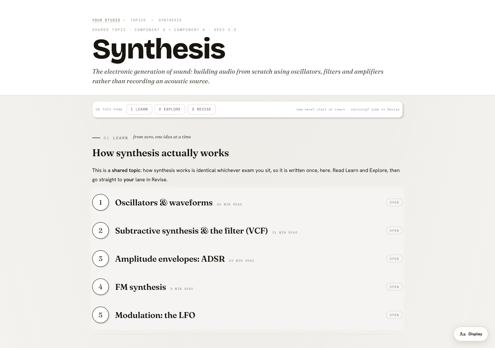 The Synthesis topic page's Learn band: the topic header, the ON THIS PAGE jump bar, and five numbered chapters from 'Oscillators & waveforms' to 'Modulation: the LFO', each with its reading time