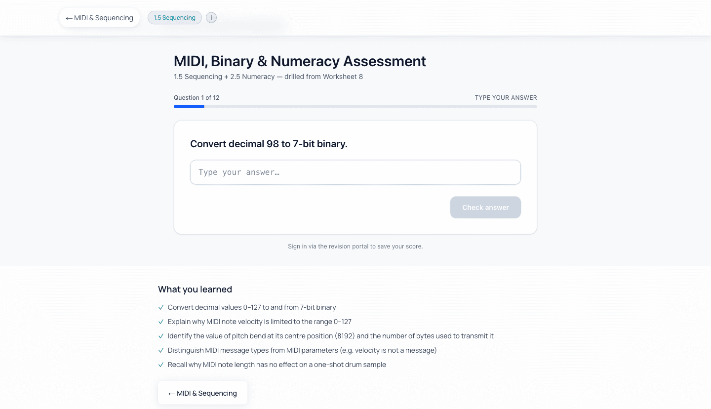 The MIDI, binary and numeracy assessment: question one of twelve asks for decimal 98 in 7-bit binary above a typed-answer box