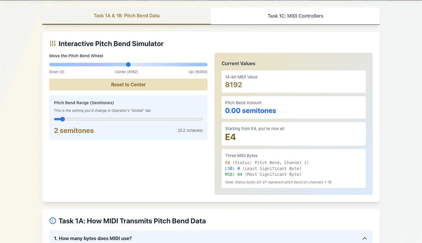 The MIDI pitch bend simulator with a bend wheel slider and live readouts of the 14-bit value, semitone amount and MIDI bytes